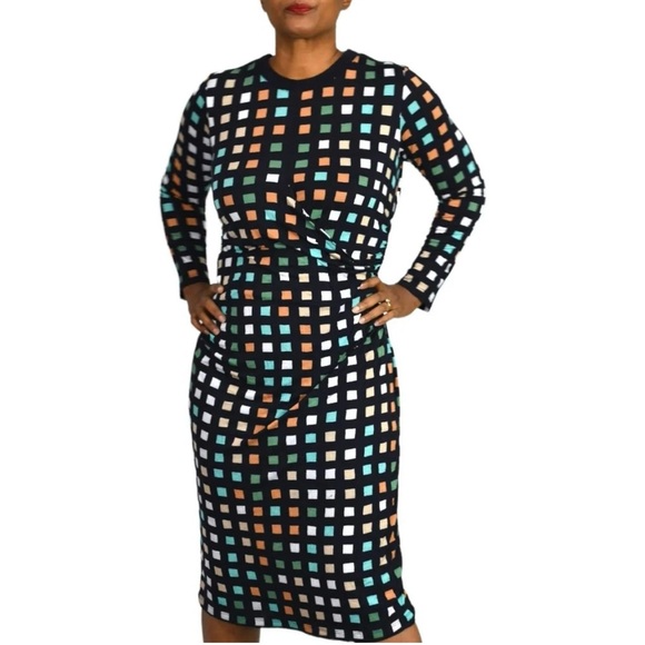 Boss Hugo Boss Esetta Ruched Dress Small Geometric Square Print Midi Long Sleeve - Picture 1 of 12